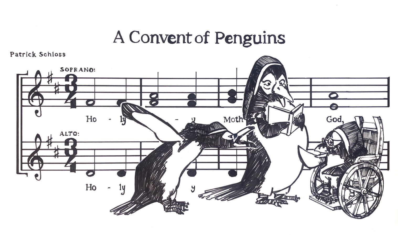 A Convent of Penguins - Traditional Ink Illustration